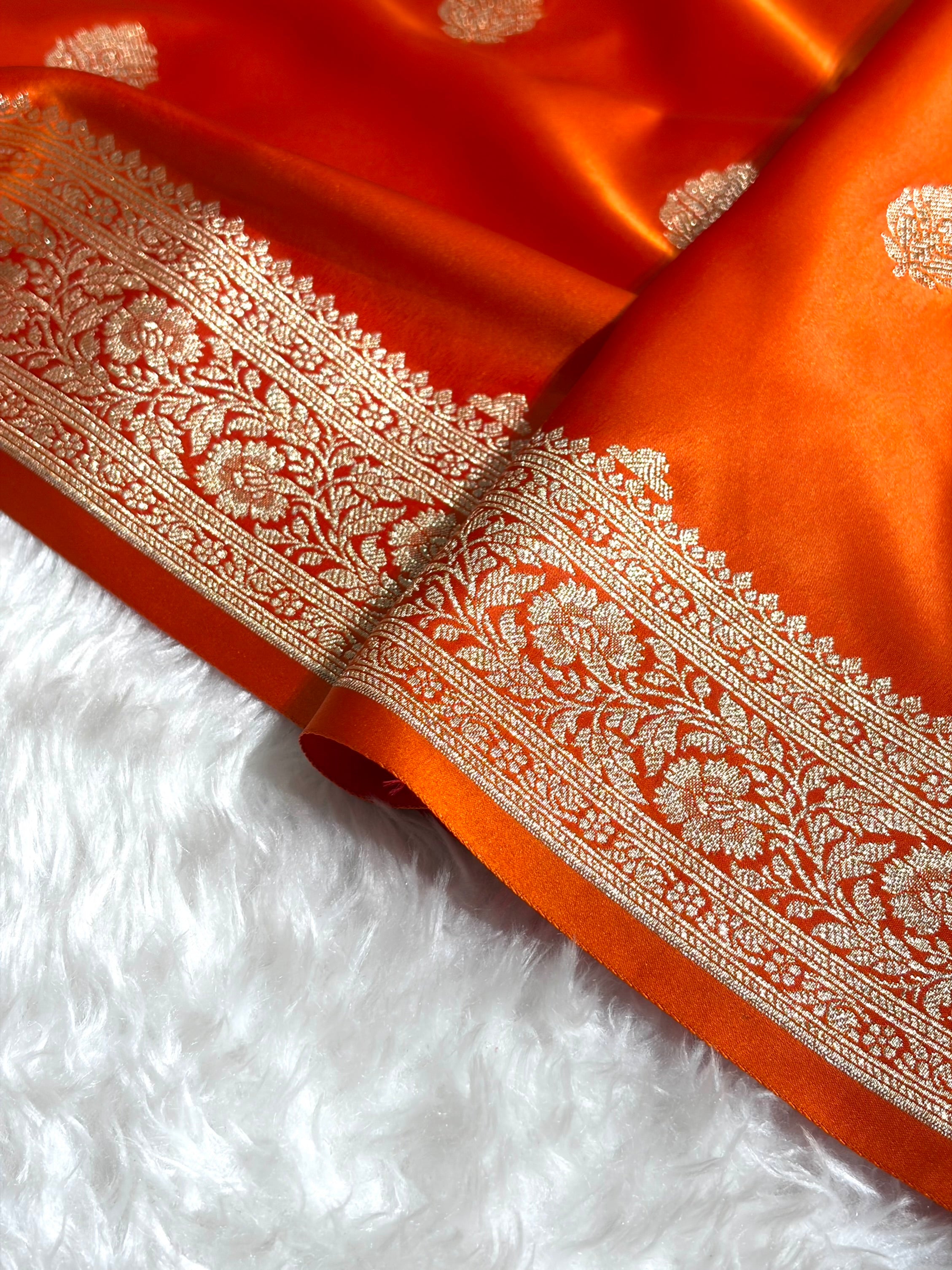 Banarasi Fanta Orange Booti Pattern Satin Katan Silk Saree SK65