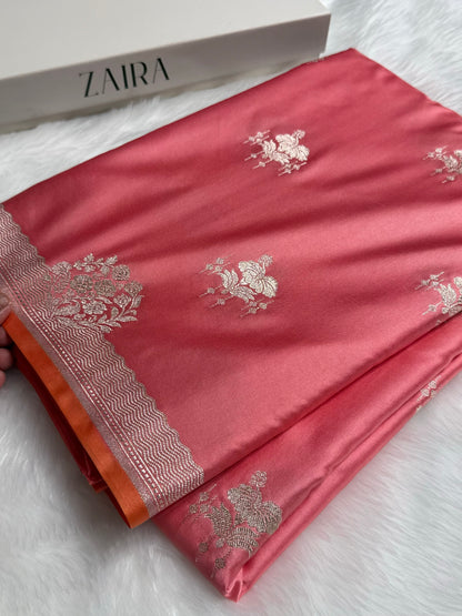 Banarasi Peach Shades Floral Mashru Silk Saree MCS87