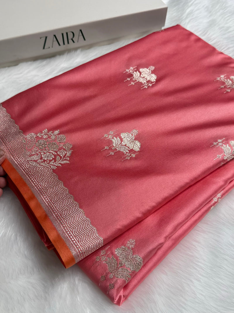 Banarasi Peach Shades Floral Mashru Silk Saree MS87