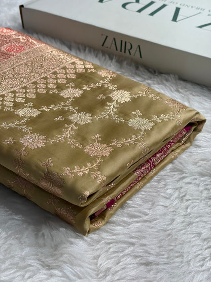 Banarasi Satin Katan Saree in Contrast Tusser With Rani Shades SK132