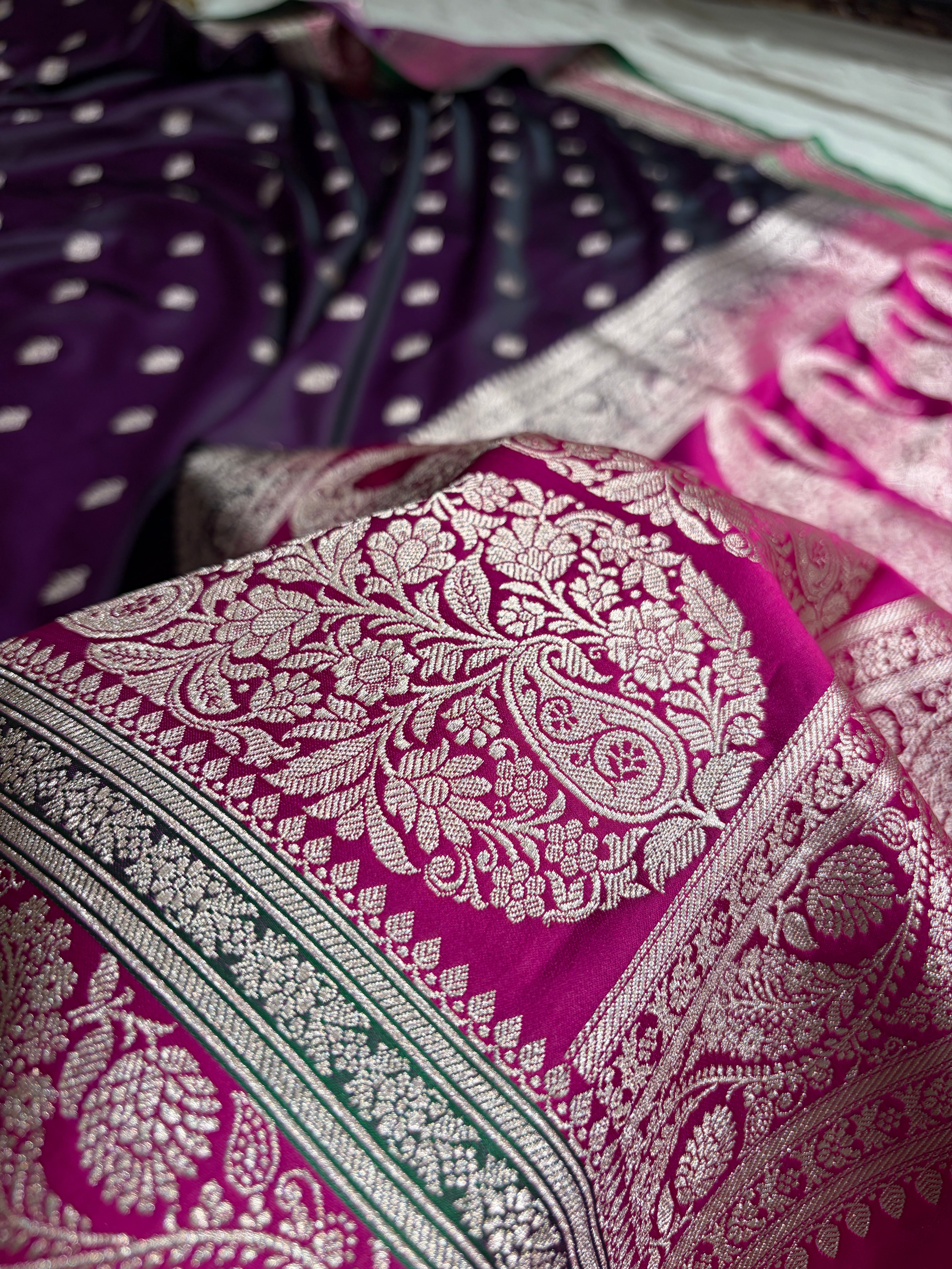 Banarasi Cross Wine With Contrast Rani Floral Border Mashru Silk Saree MSM-101