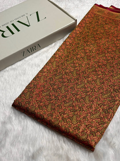 Greenish Maroon Jamawar Tanchoi Katan Silk Saree SKTM-11