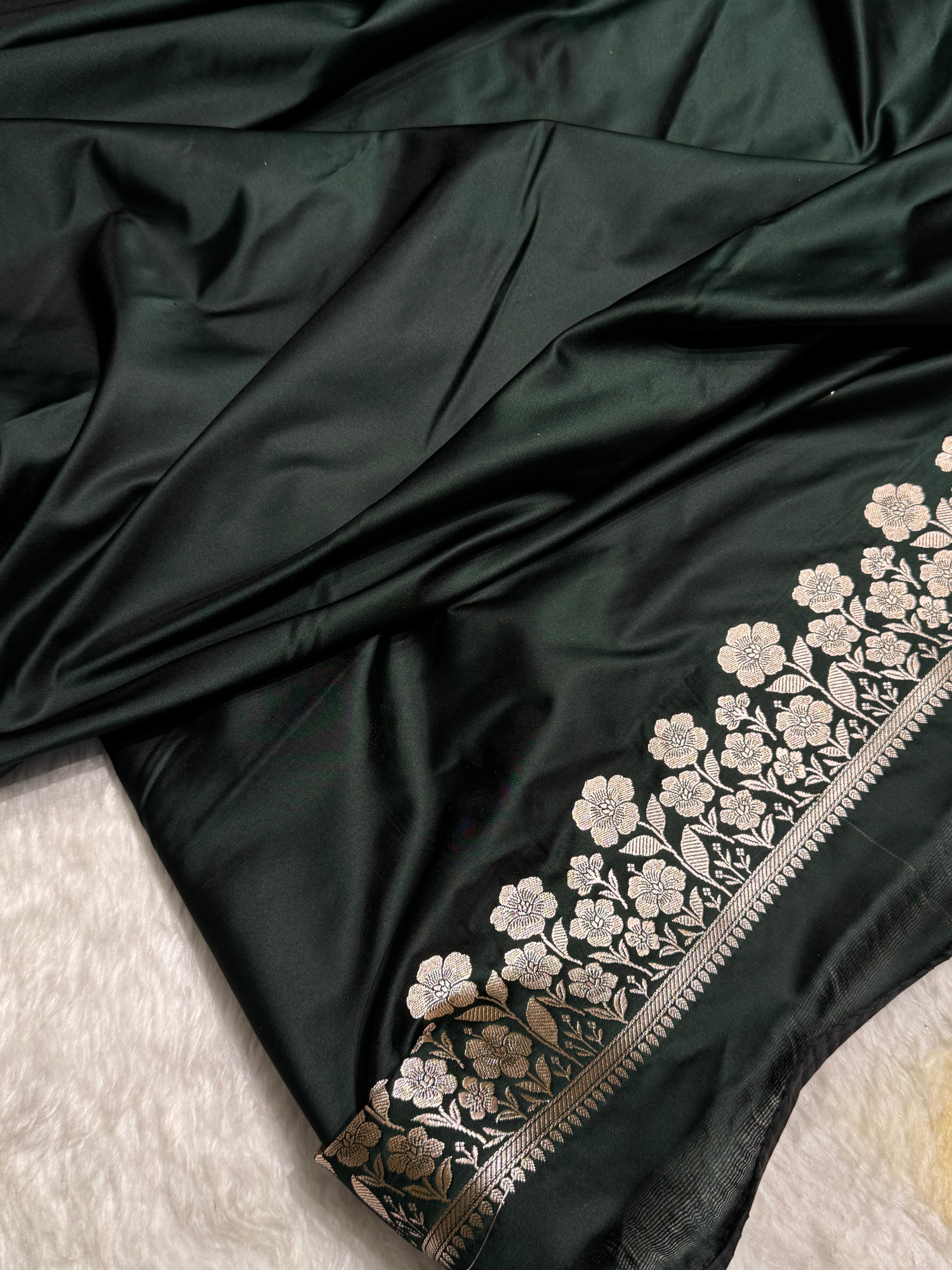 Premium Banarasi Satin Katan Saree With Minakari Boota in Dark Bottle Green Shades SK94