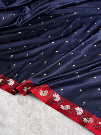 Navy Blue With Red Floral Boota With Floral Border Mashru Silk Saree MSM 78