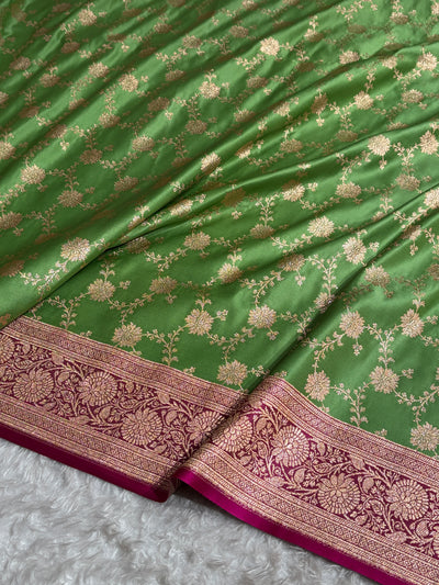 Banarasi Satin Katan Saree in Contrast Light Green / Rani Shades SK132