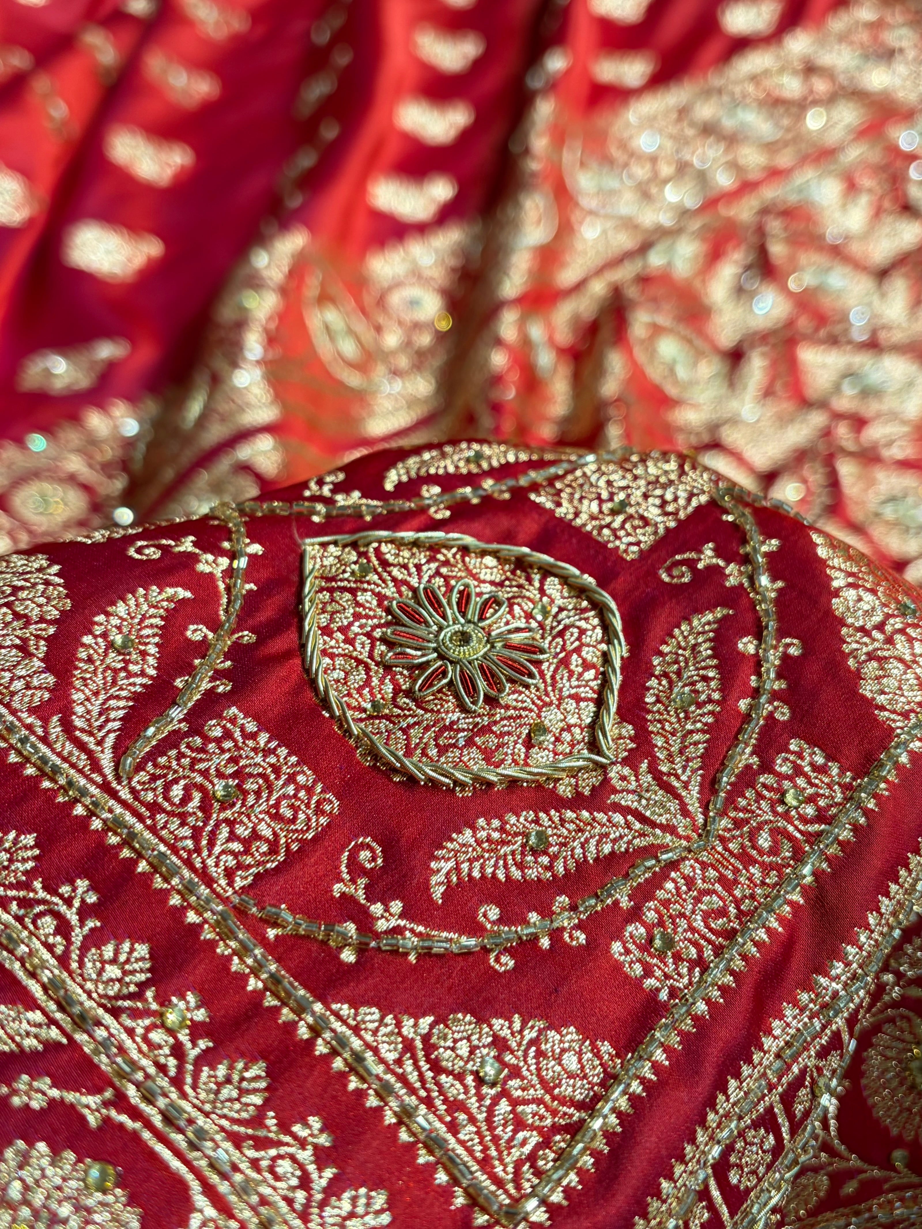 Banarasi Satin Katan Saree With Aari Zardozi Work Boota in Cross Red Shades BSK98