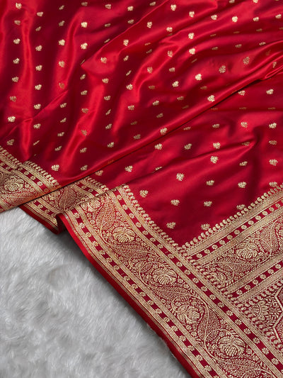Cross Red Floral Pattern Satin Katan Silk Saree SK78