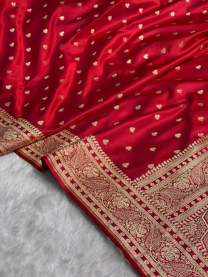 Cross Red Floral Pattern Satin Katan Silk Saree SK78