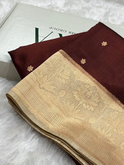 Banarasi Chocolate With Cream Contrast Shades Handwoven Pure Paper Silk Saree RM-89