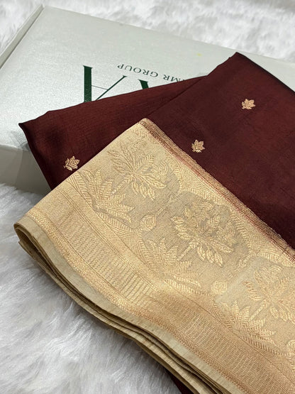 Banarasi Chocolate With Cream Contrast Shades Handwoven Pure Paper Silk Saree RM-89