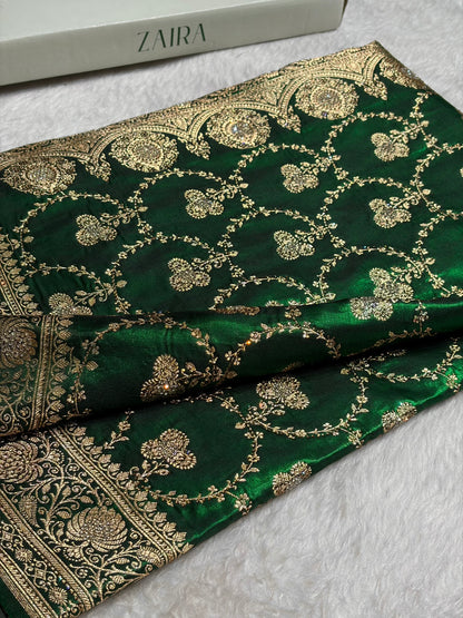 Satin Silk Saree Banarasi Swarovski Work Jaal in Bottle Green Shades BSS23 (R)