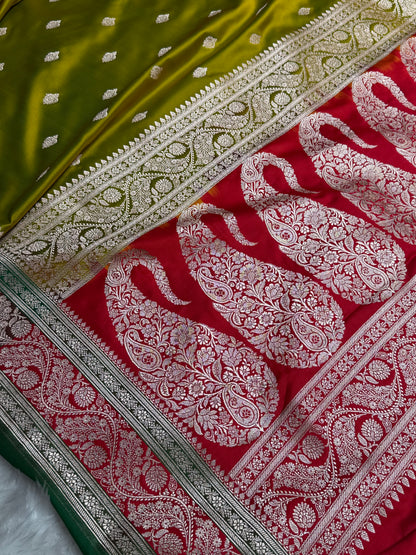 Banarasi Mehandi With Contrast Red Floral Border Mashru Silk Saree MSM-101