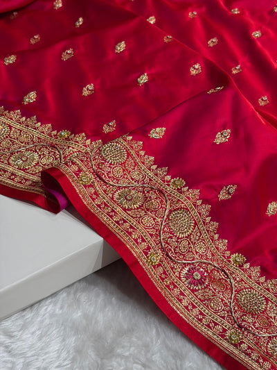 Banarasi Bridal Cross Red Work Pattern Satin Katan Silk Saree BSK82