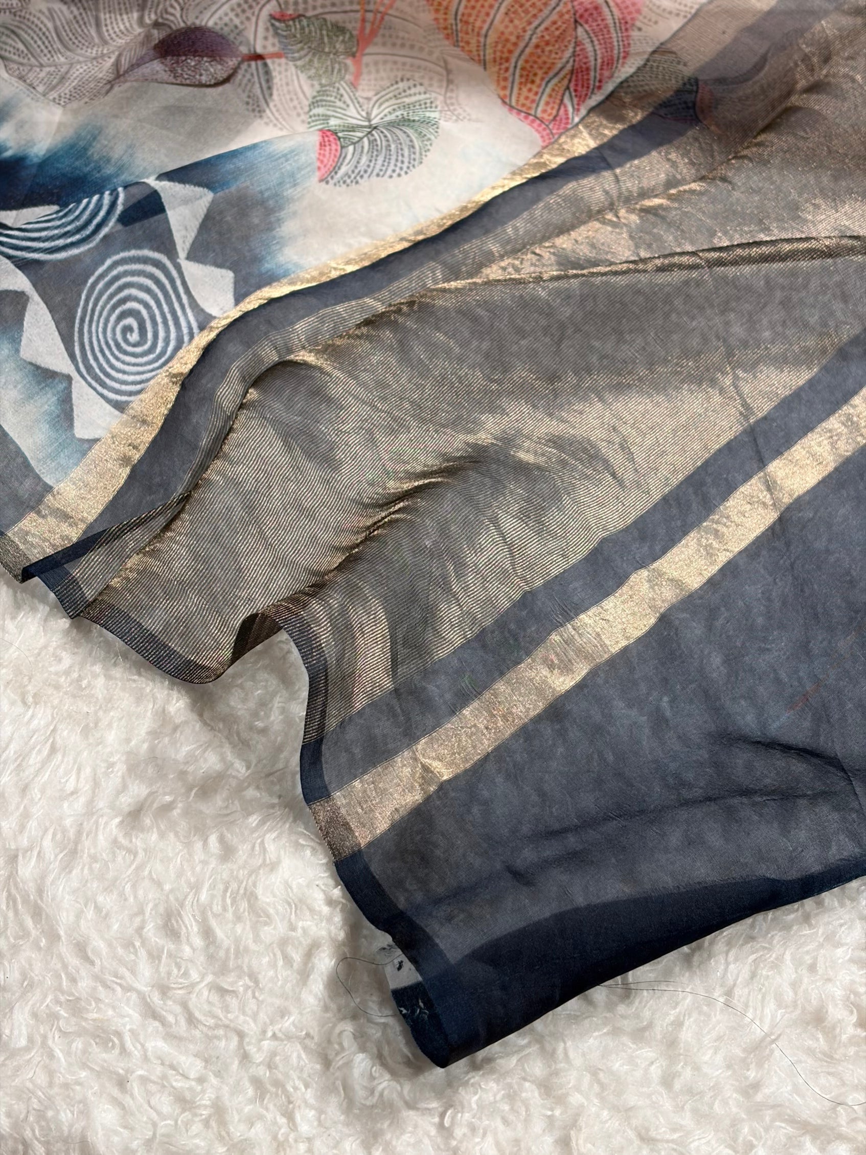 Light Beige & Navy Blue Organza with Pastel Multicolor Florals POP09