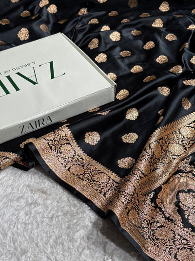 Banarasi Satin Katan Saree With Boota in Black Shades SK109