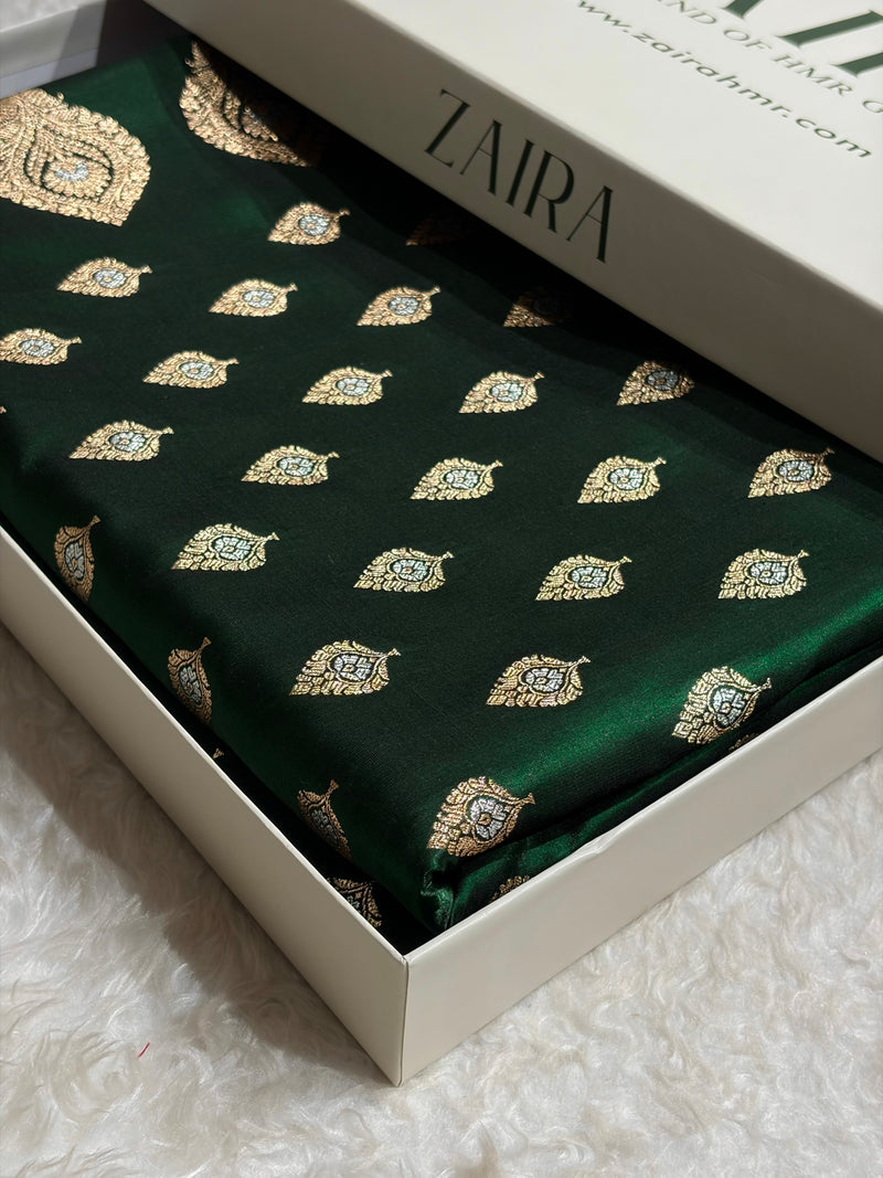 Banarasi Bottle Green Shades Minakari Booti Pattern Banarasi Satin Silk Saree SS60