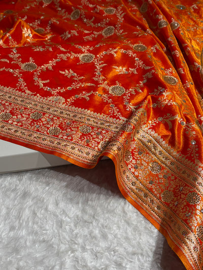 Light Weight Fire Gold Satin Silk Saree with Swarovski work BSS14