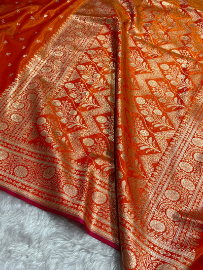Banarasi Fire Gold Shades Cross Pattern Banarasi Satin Silk Saree SS52