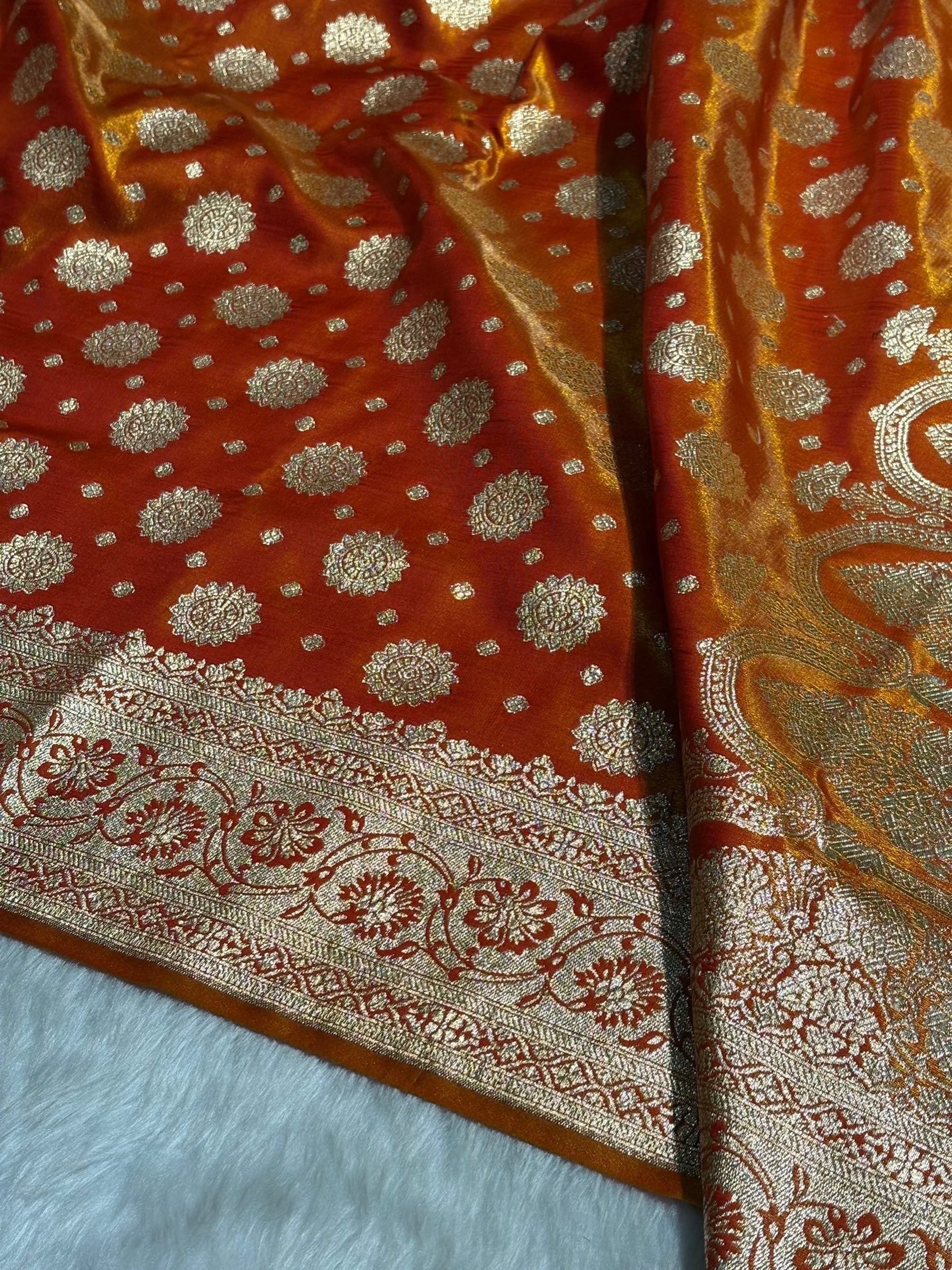 Satin Silk Booti Boota in Orange SS09