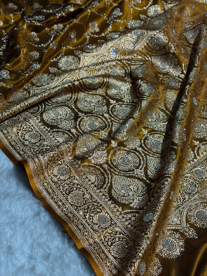 Satin Silk Saree Banarasi Swarovski Work Jaal in Mehendi Shades BSS23 (R)