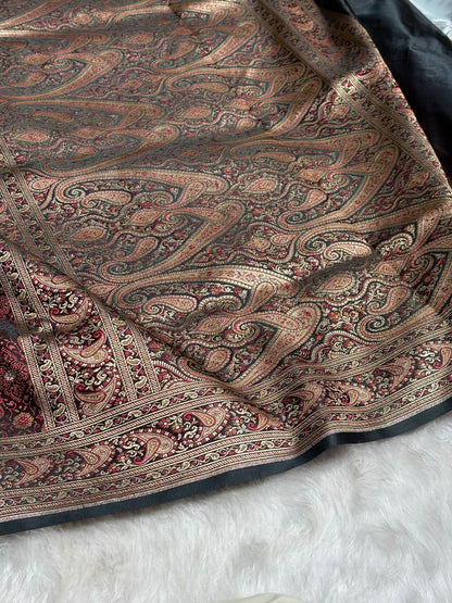 Dark Chocolate Jamawar Tanchoi Jaal Katan Silk Saree SKTM-19