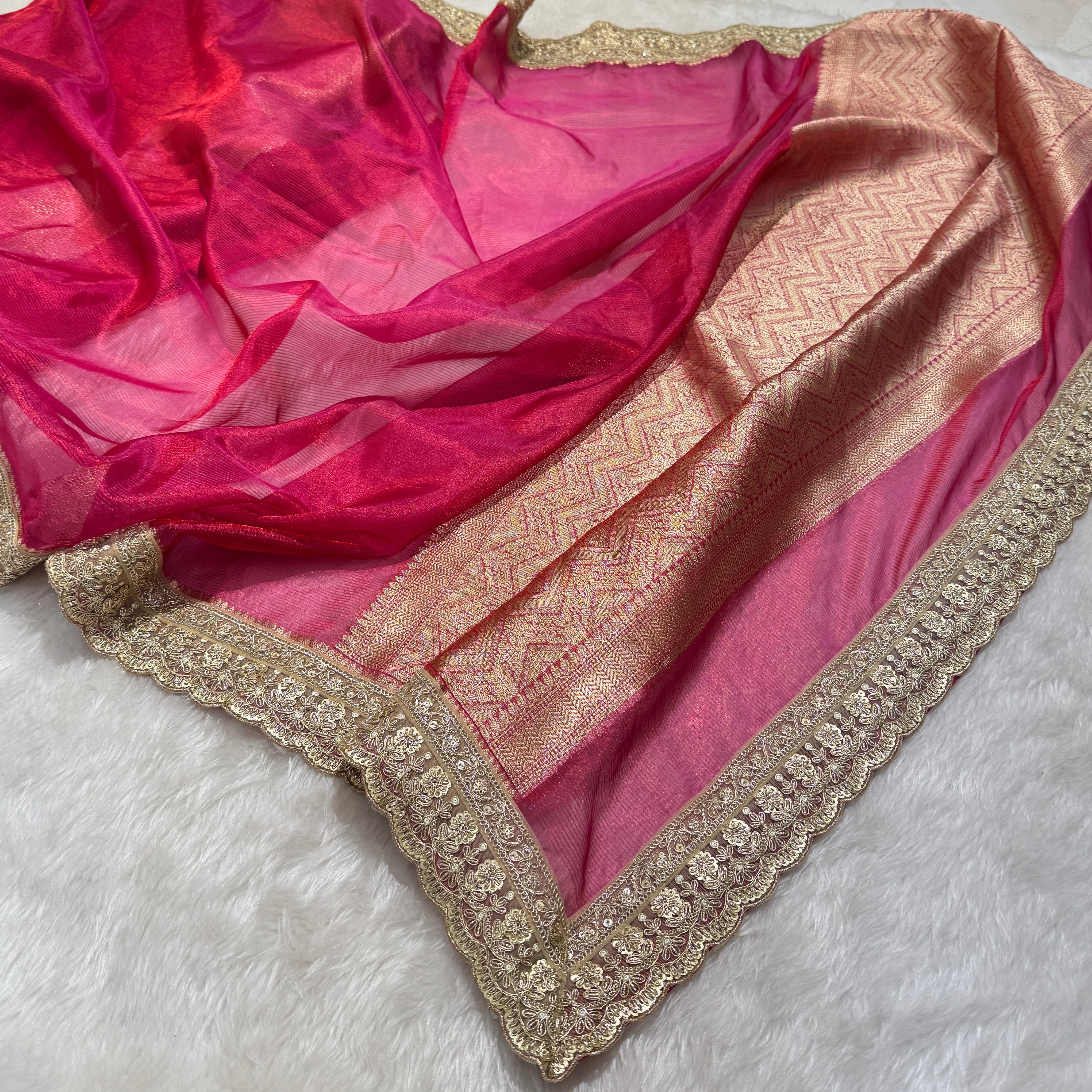 Semi Pure Tissue Silk Saree with Heavy Gotta Patti in Ruby Pink Shades TGP09