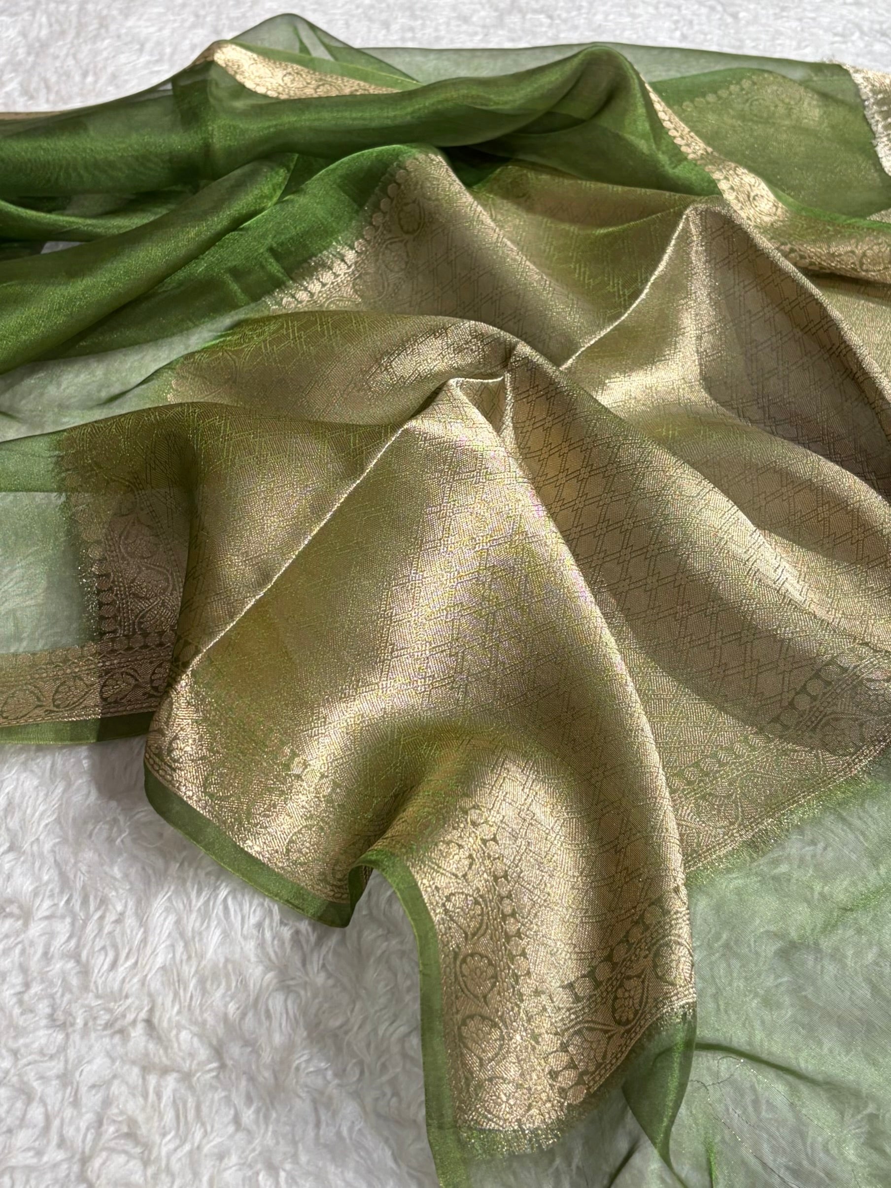 Mehendi Shades Banarasi Pure Tissue Silk Saree with Brocade Blouse PT-09