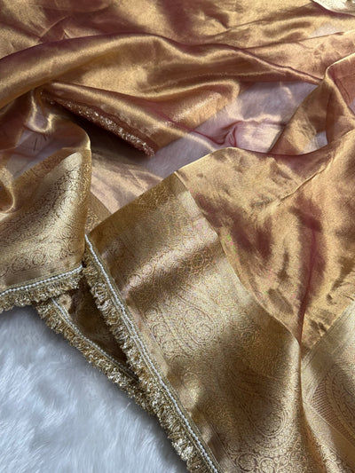 Dark Cheeku Tissue With Bananasi Gotta Patti Work Floral Pure Tissue Silk Saree PTGP-57
