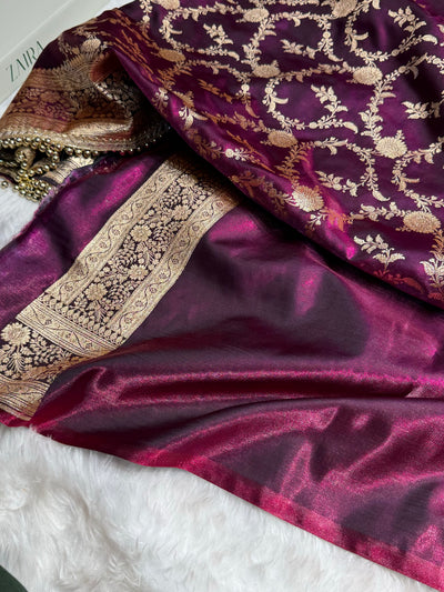 Satin Silk Banarasi Jaal In Wine Shades With Gotta Patti  SSGP14