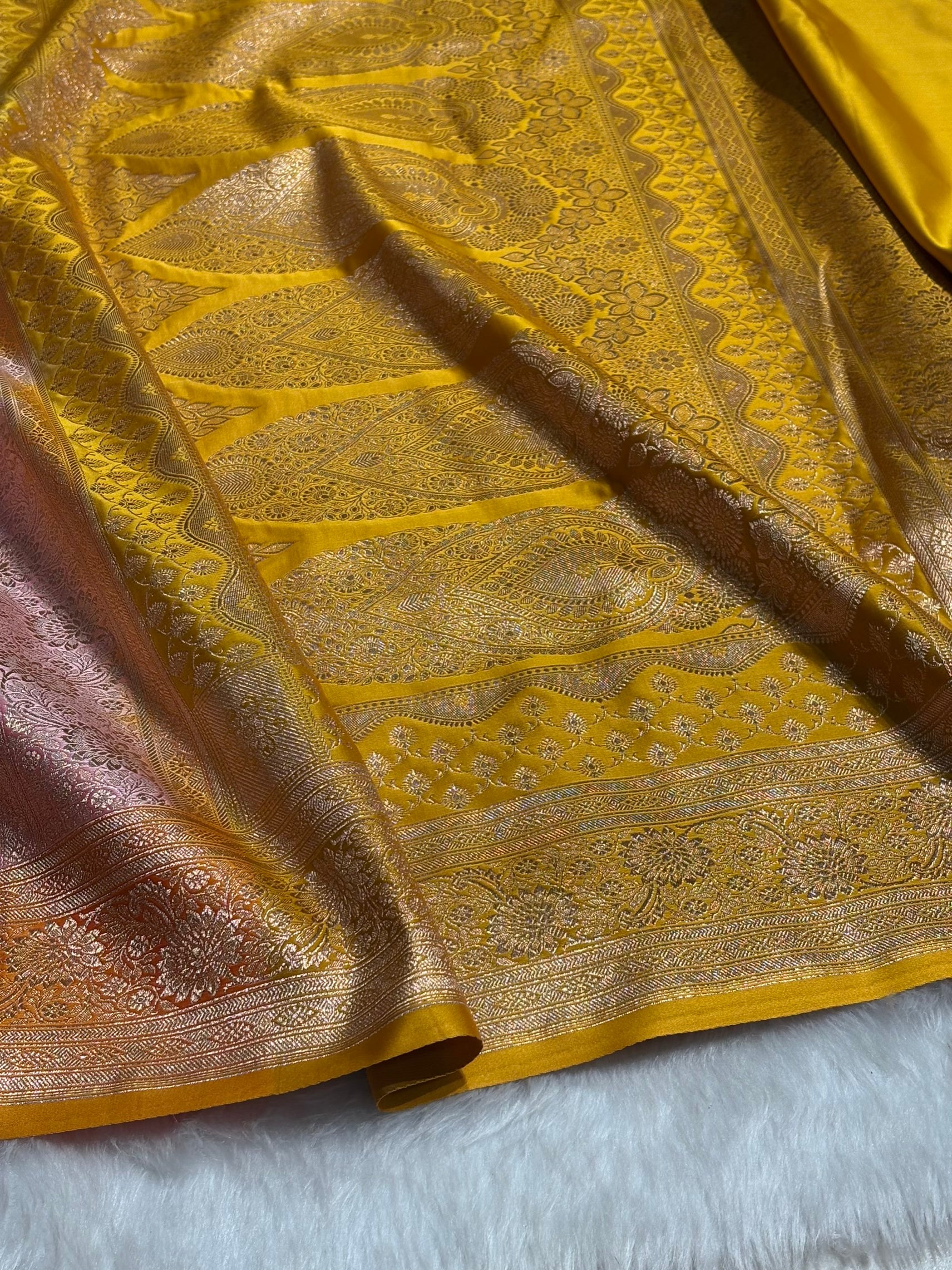Baby Pink with Mustard Booti Satin Katan Silk saree SK29