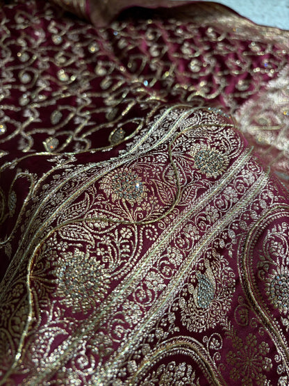 Banarasi Chocolate Shades Jaal Pattern With Swarovski Stone & Zardozi Satin Katan Silk Saree BSK55
