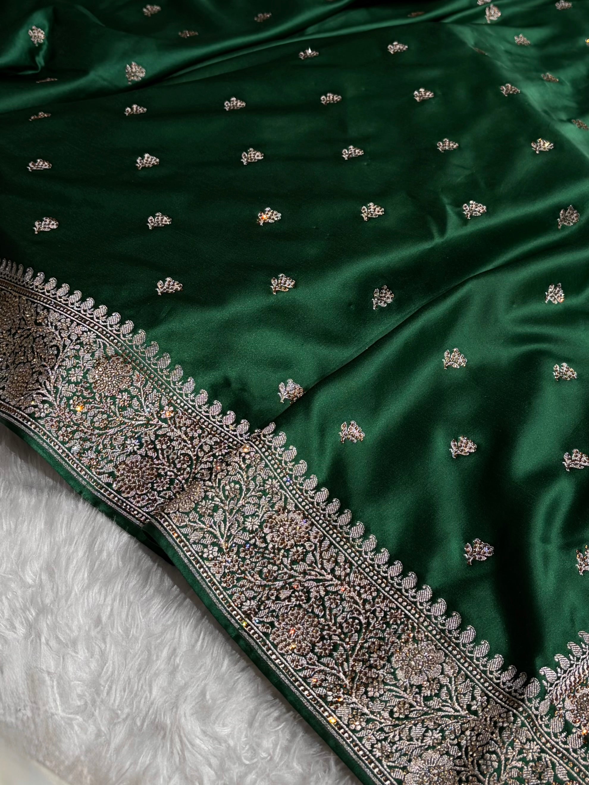 Bottle Green With Swarovski Work Booti Mashru Silk Saree BMS40