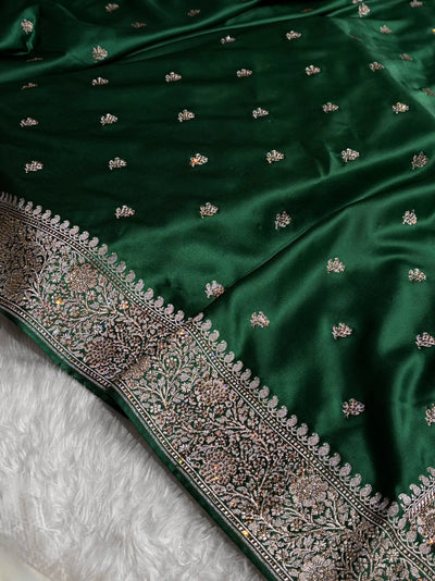 Bottle Green With Swarovski Work Booti Mashru Silk Saree BMCS40