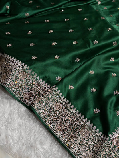 Bottle Green With Swarovski Work Booti Mashru Silk Saree BMS40