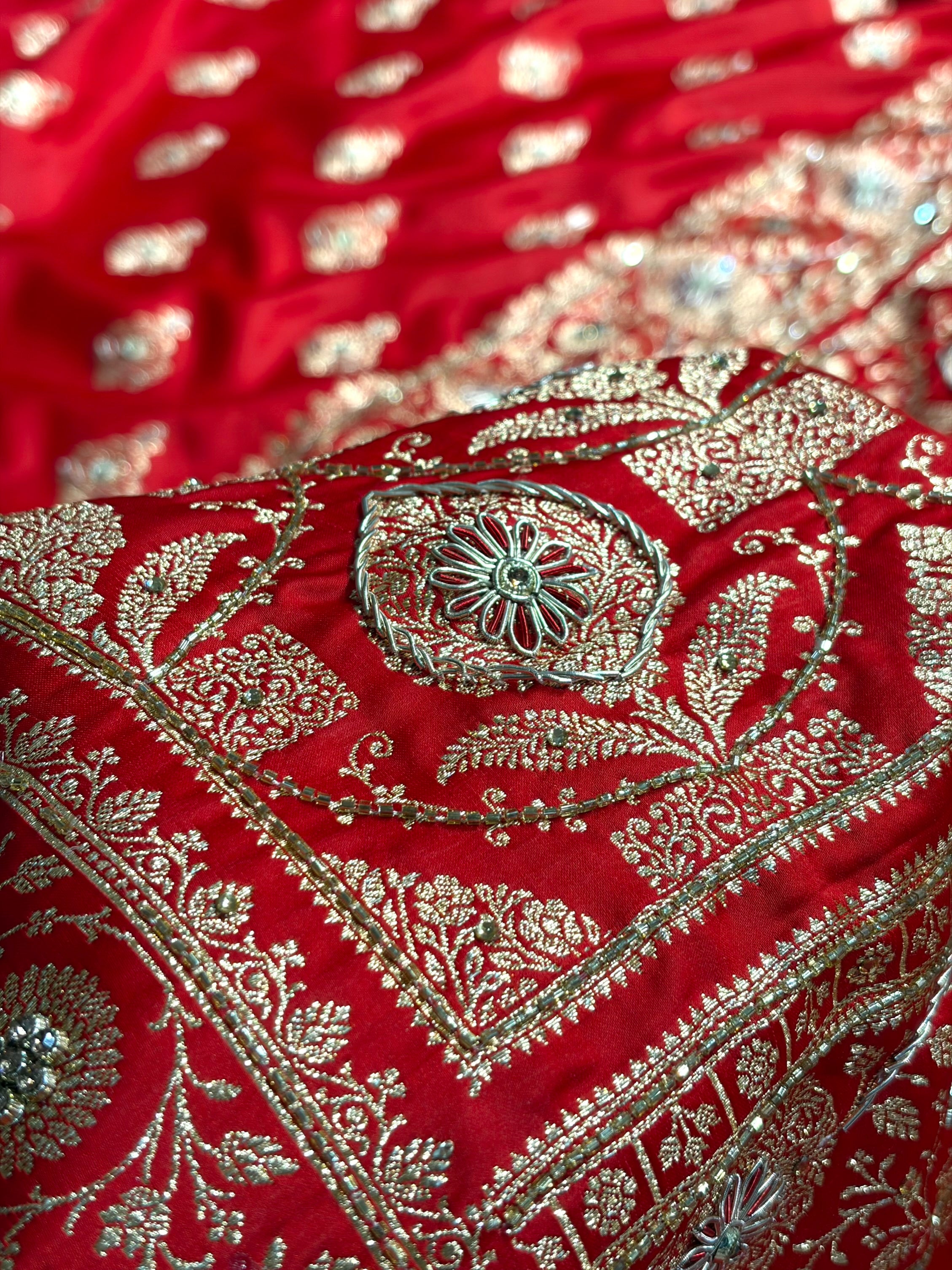 Banarasi Satin Katan Saree With Aari Zardozi Work Boota in Red Shades BSK98
