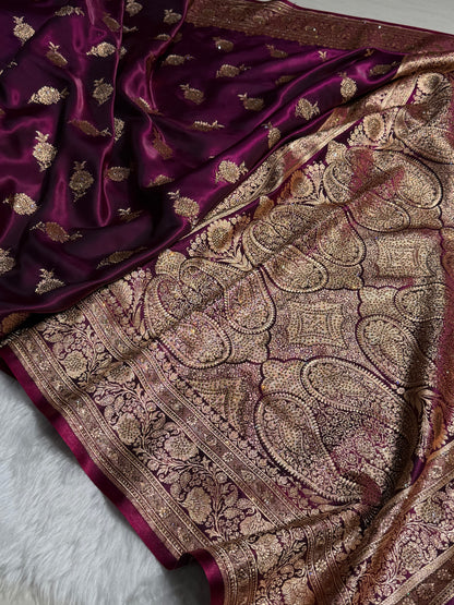 Satin Silk Saree Swarovski Work Floral Boota in Wine Shades BSS26