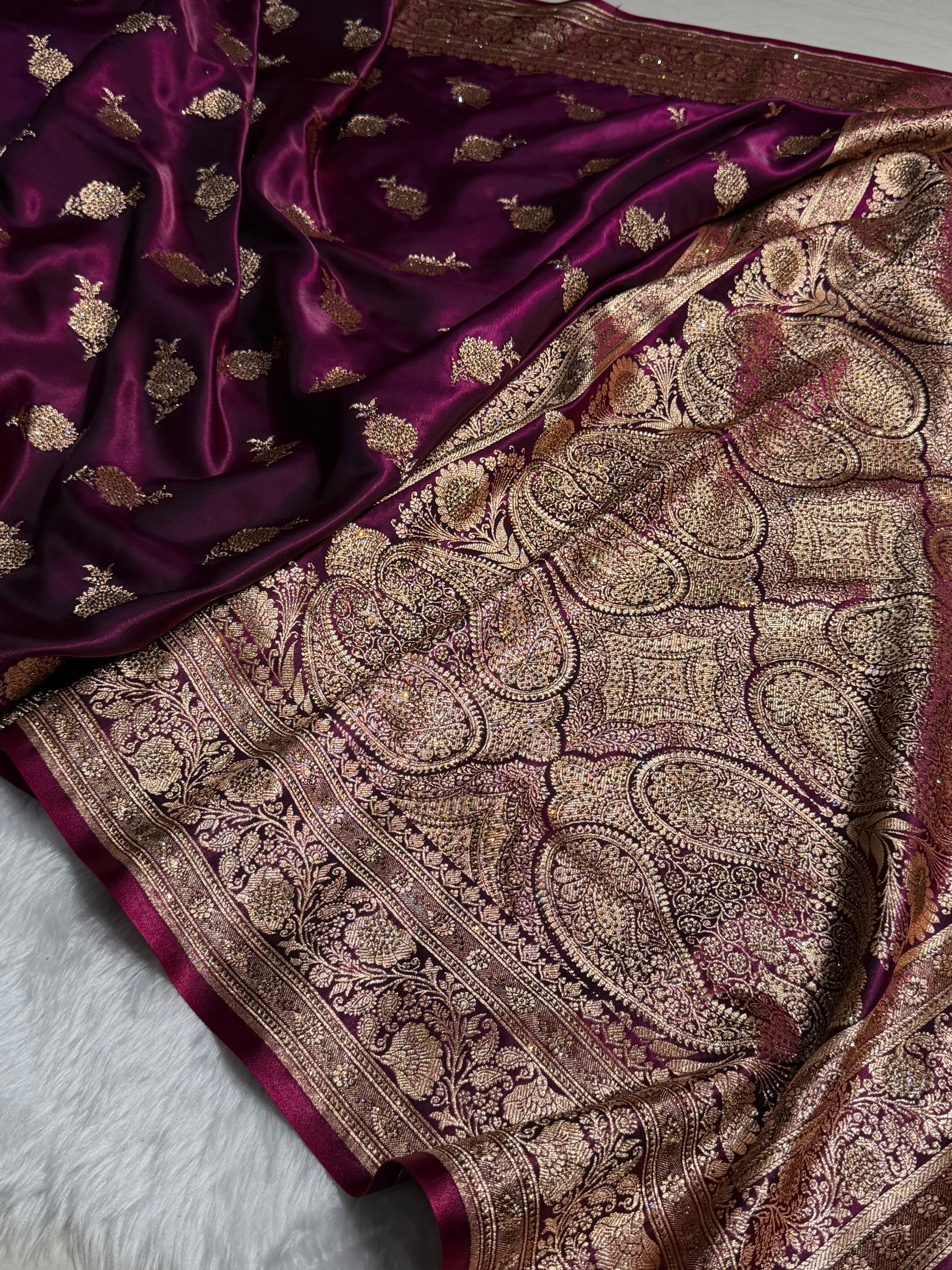 Satin Silk Saree Swarovski Work Floral Boota in Wine Shades BSS26