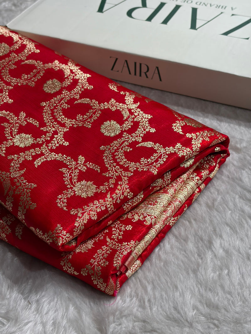 Red Contrast Shades Jaal Pattern Banarasi Satin Silk Saree SS47