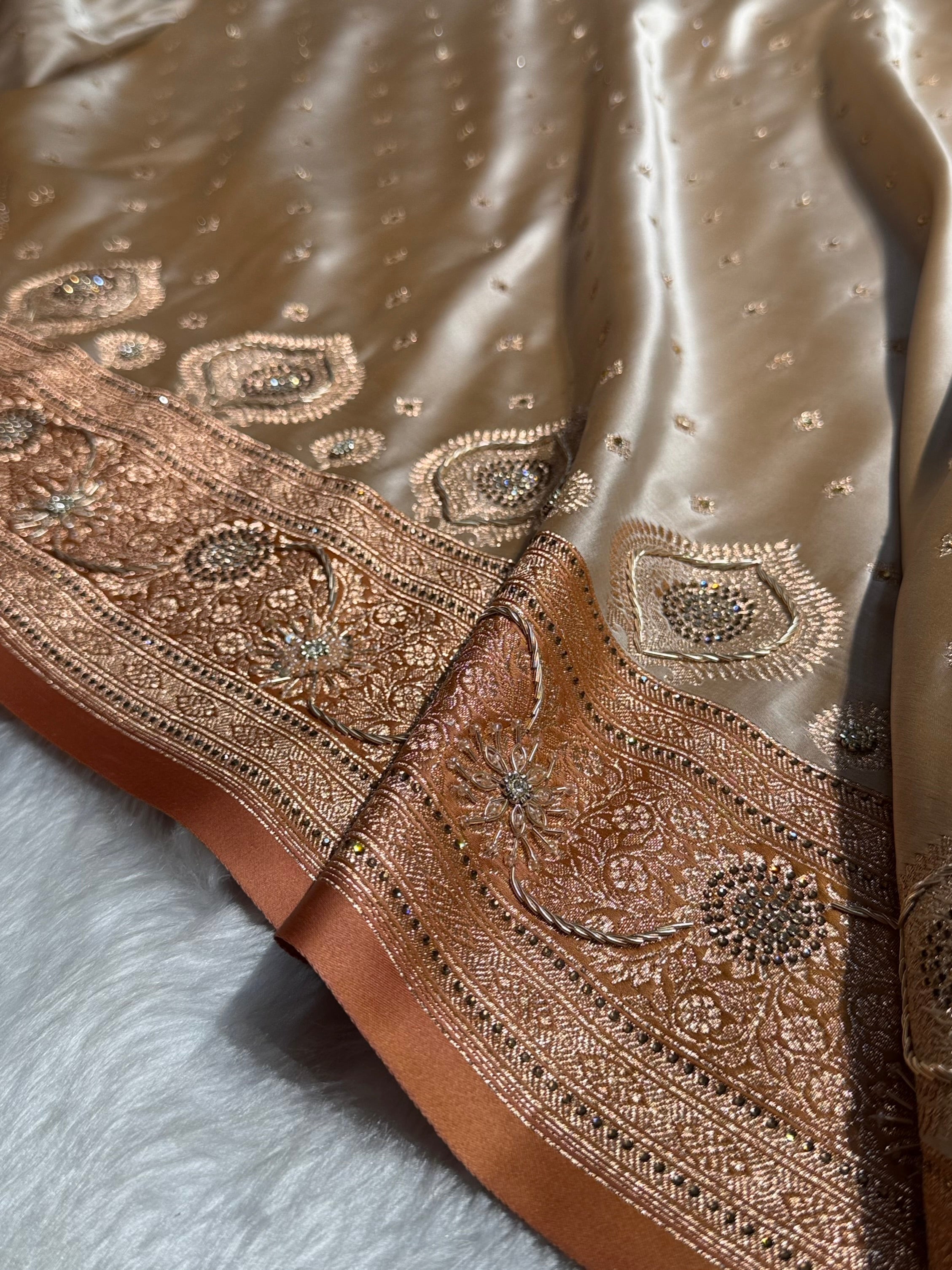 Mustard Tusser With Peach Booti With Ari & Zardozi Work Satin Katan Silk saree BSK29