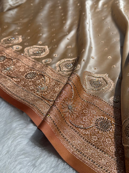 Mustard Tusser With Peach Booti With Ari & Zardozi Work Satin Katan Silk saree BSK29