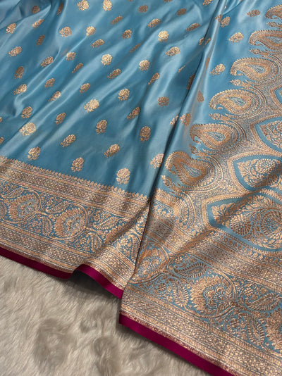 Floral boota Satin katan Silk Saree In Sky Blue Shades SK12