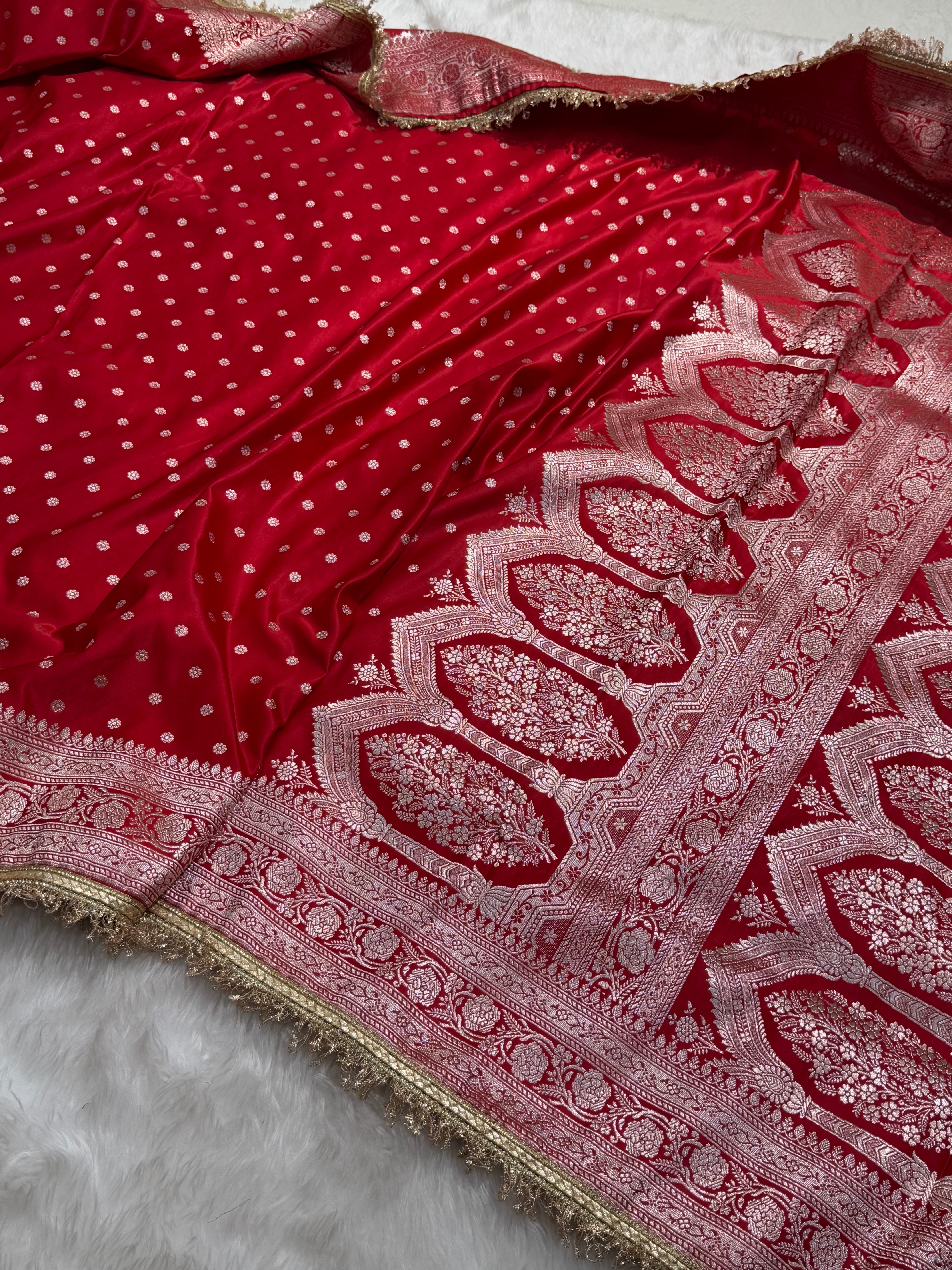 Bridal Banarasi Satin Katan Silk Saree In Sindoor Red Shades with gotta Patti