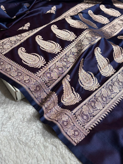 Cross Navy Boota With Floral Border Mashru Silk Saree MSM-97