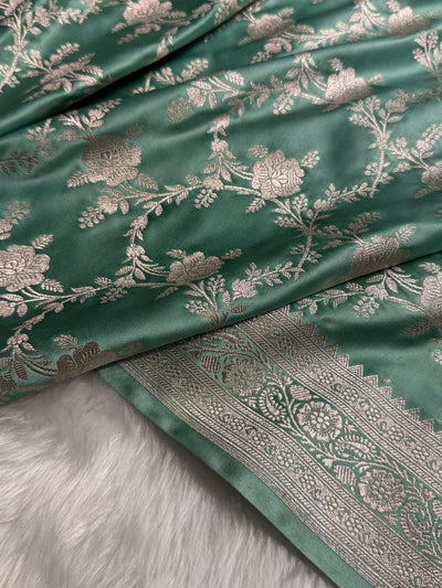 Summer Powder Sea Green Banarasi Floral Jaal Mashru Silk Saree MCS28