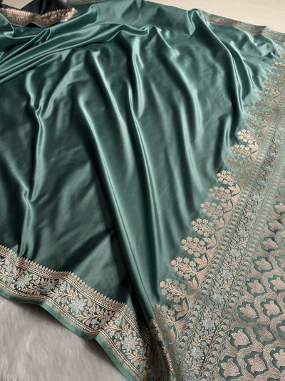Turquoise Shades Plain Banarasi With Minakari Floral Border Mashru Silk Saree MSM-123