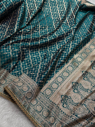 Bridal Banarasi Satin Katan Silk Saree In Peacock Shades with gotta Patti