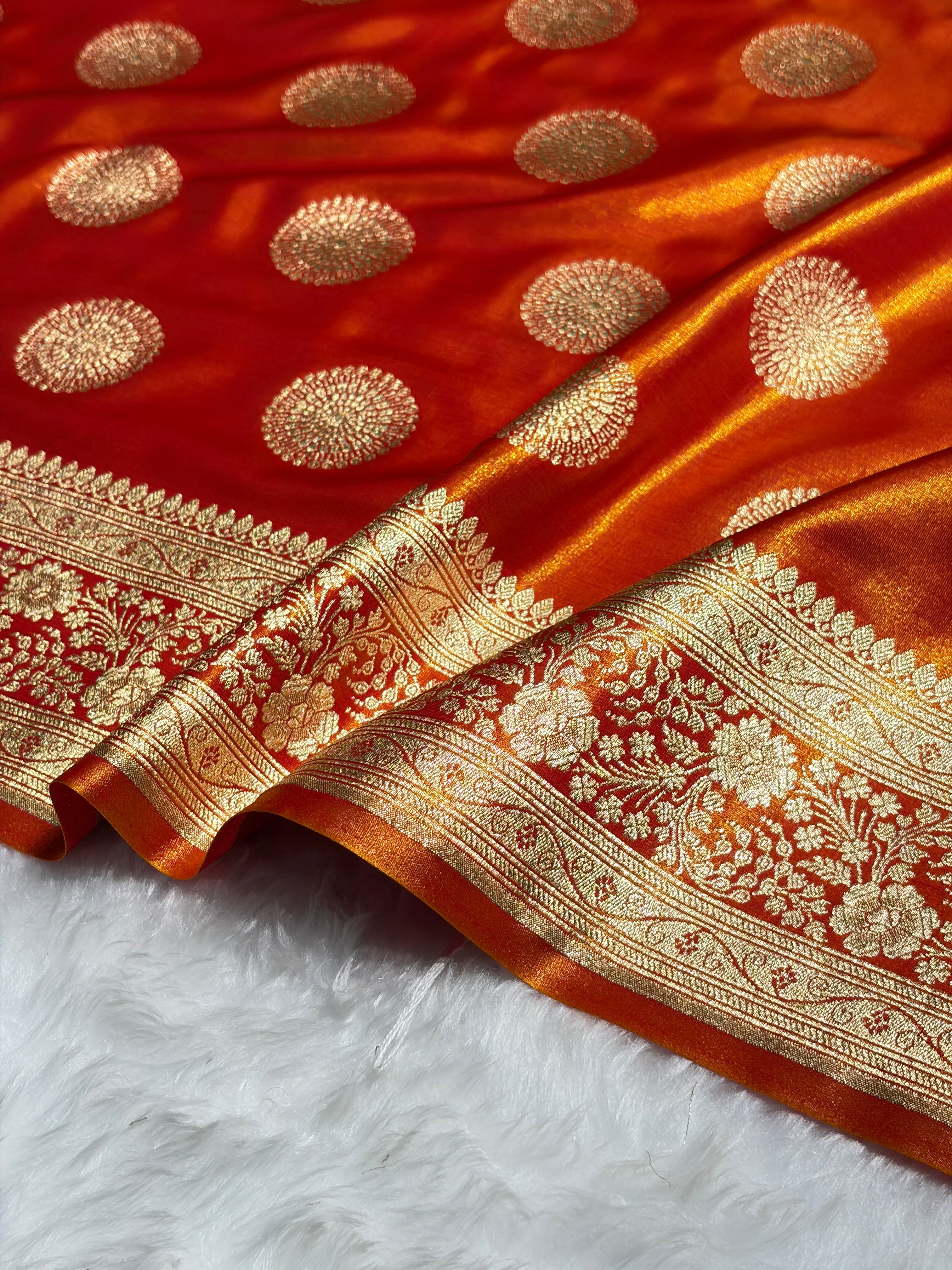 Fire Gold Shades Banarasi Satin Silk Saree SS33