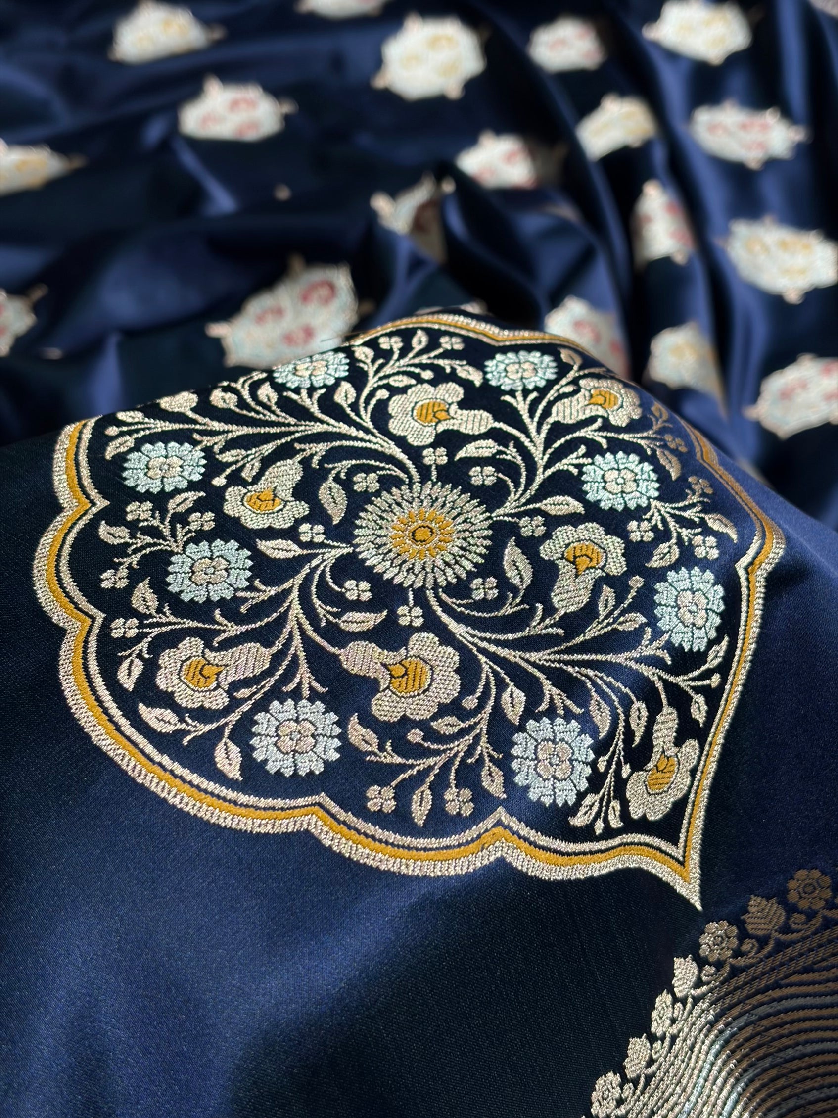 Premium Banarasi Satin Katan Saree Minakari Booti Pattern in Navy Blue Shades SK138
