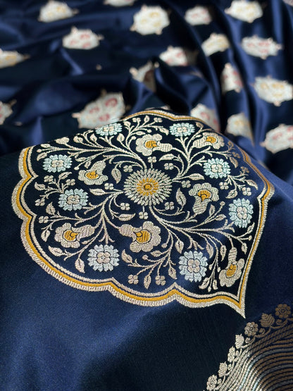 Premium Banarasi Satin Katan Saree Minakari Booti Pattern in Navy Blue Shades SK138