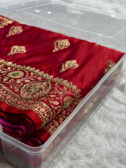 Banarasi Satin Katan Saree With Aari Zardozi Work Boota in Cross Red Shades BSK98